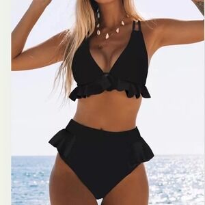 Women's Black High Waist Ruffled Bikini Set V Neck Tie Front Swimsuit‎ M